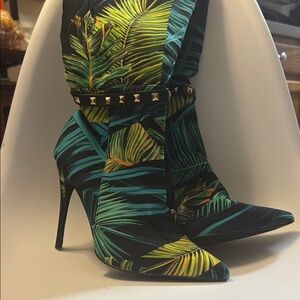 Green and Black Heeled Boots with Botanical Print